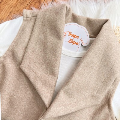 Conj. Colete em Fleece, Blusa Manga Longa Canelada e Legging em Couro Ecológico - Areia e Preto